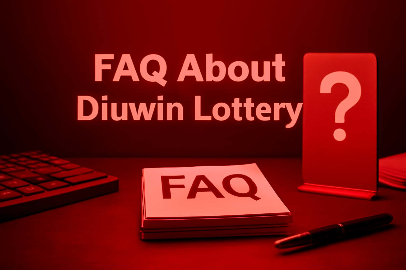 An informational scene illustrating the FAQ About Diuwin Lottery with red accents.