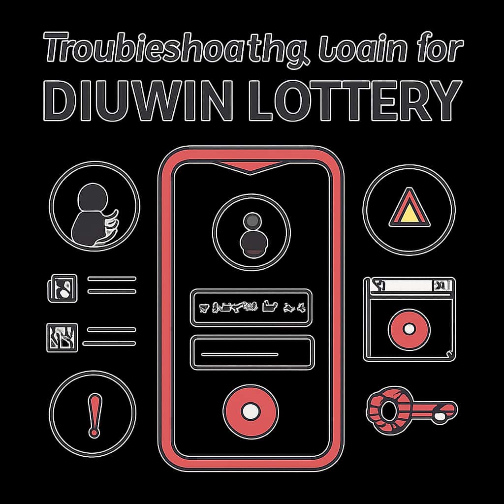 An educational illustration outlining steps for troubleshooting Diuwin Lottery login.